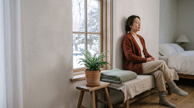 Quiet breathing ritual by a winter bedroom window