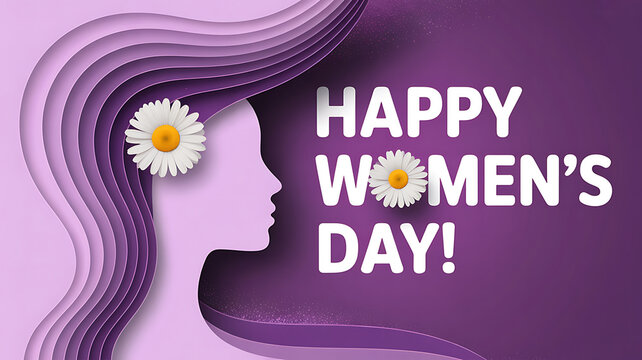 Happy womens day paper cut silhouette of woman profile with white daisy flower on purple background