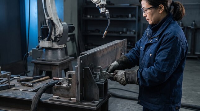 Technician prepares steel fixture for robotic welding