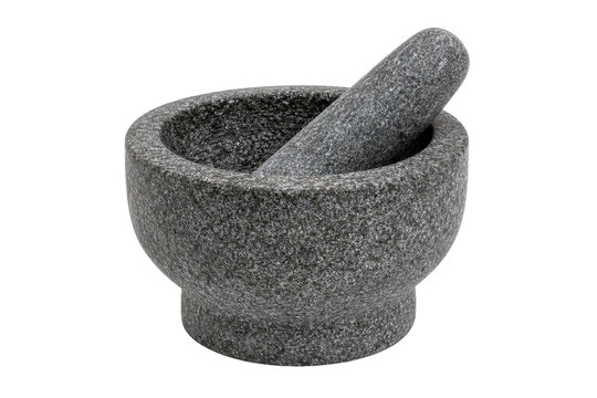 Traditional dark gray granite mortar and pestle set for grinding spices and herbs, isolated on a clean white background