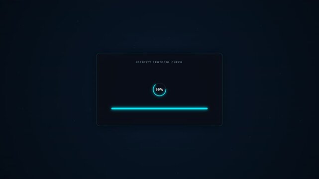 Professional commercial 1920x1080 motion graphic featuring a digital verification process with circular scanning loader, horizontal progress bar, security scan lines, glassmorphism UI, glowing green c