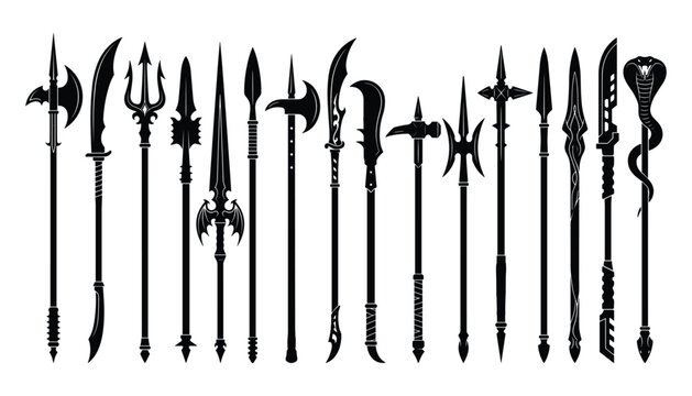 Medieval Polearm and Spear Weapon Silhouette Vector Icon Set featuring Halberds, Tridents, Axes, and Fantasy Glaives for Gaming, Historic Armor, and Crest Designs