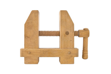 Sturdy vintage wooden hand screw clamp, a traditional woodworking tool, stands upright on a clean white background, showcasing its craftsmanship © Chinases