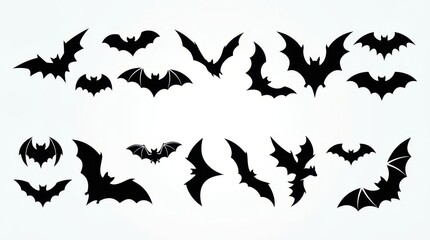 Fototapeta premium Collection of Black Bat Silhouettes for Halloween Decoration and Spooky Graphic Design Projects