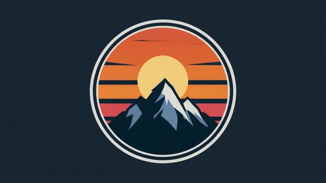 Mountain sunset emblem in circular frame with subtle animation during golden hour