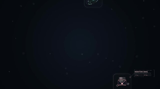 Futuristic unified helpdesk timeline interface with email chat and social media ingestion routing to resolved technical support tickets in a dark digital cyber HUD animation