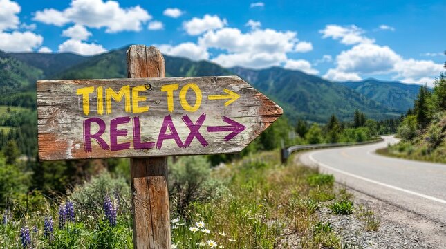 Rustic wooden sign welcomes visitors to a peaceful mountain destination for relaxation and escape