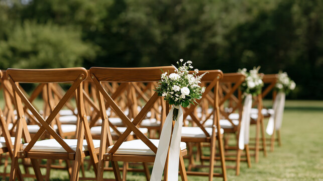 Elegant wedding guest chairs decorated with flowing white ribbons and small floral bouquets, symmetrical outdoor ceremony arrangement, wedding planner concept, ceremony decor,