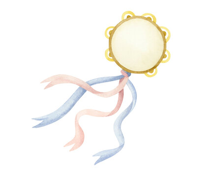 Watercolor tambourine illustration of a golden musical instrument with pastel pink and blue ribbons, Jewish women symbol of Passover, Miriam song, joy and Israel culture. Simple isolated drawing