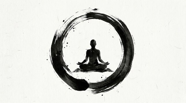 Meditating figure within an enso circle representing enlightenment and inner peace