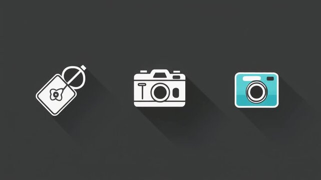 Retro camera icons with lens caps in a repeating pattern on a dark background