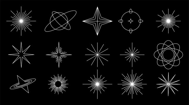 Y2K Sparkle Stars and Geometric Lens Flare Elements Set, White Futuristic Starburst Sparkles, Retro Line Art Orbit Rings, Cosmic Shine and Flash Symbols Vector Pack for Graphic Design