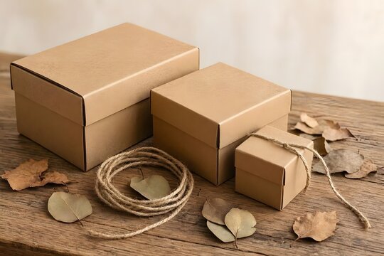 Three cardboard gift boxes of varying sizes arranged on a rustic wooden table with dried leaves and a coil of natural jute twine rope nearby