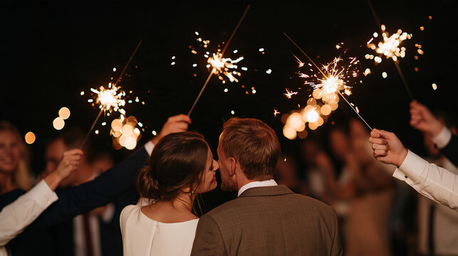 Happy wedding guests holding glowing sparklers around the newlywed couple at night, sparkling lights, joyful celebration, romantic reception atmosphere, wedding party, evening