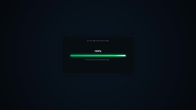 Professional commercial  motion graphic featuring a sleek green success loading bar with glowing energy flow, particle burst at 100%, circular checkmark transformation, and minimalist dark ae