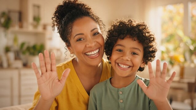 Happy Mother and Son Waving Hands at Camera at Home