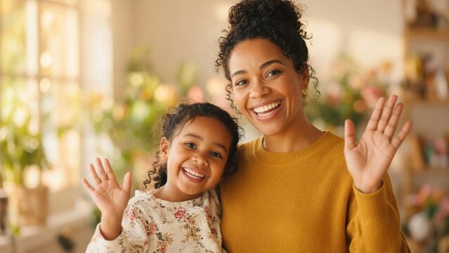 Happy Mother and Daughter Waving Hands at Home