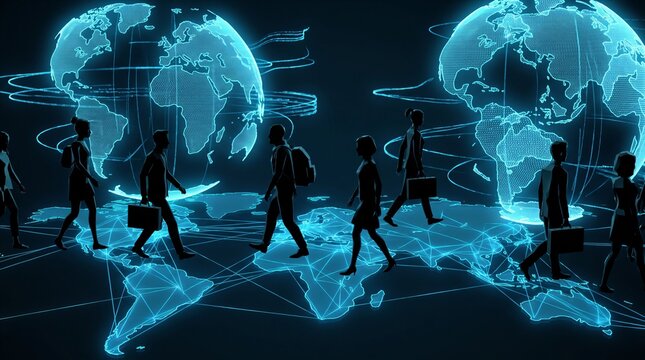 Silhouettes representing talented professionals migrating globally, with glowing blue digital world maps positioned, illustrating talent mobility, globalization, international workforce etc