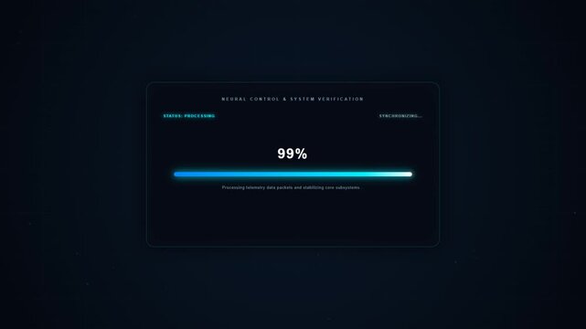 Professional commercial 1920x1080 motion graphic featuring a futuristic success dashboard with central loading bar, increasing percentage counter, status indicators switching from PROCESSING to COMPLE