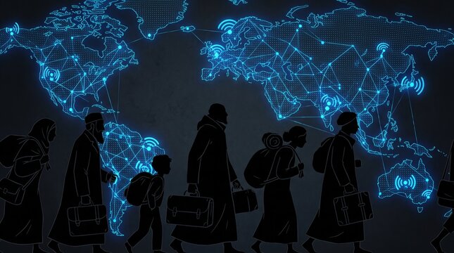 Silhouettes representing talented professionals migrating globally, with glowing blue digital world maps positioned, illustrating talent mobility, globalization, international workforce etc