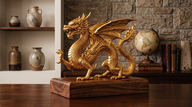 A golden dragon sculpture displayed on a wooden base in a cozy room