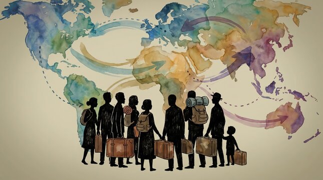 Silhouettes representing talented professionals migrating globally, with colorful world maps positioned, illustrating talent mobility, globalization, international workforce etc