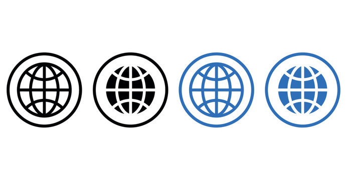Set of globe earth website icons in black and blue vector outline and solid styles design.