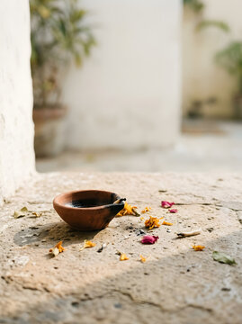Empty traditional clay oil lamp placed on a stone surface strewn with scattered yellow and pink flower petals traditional light old stone