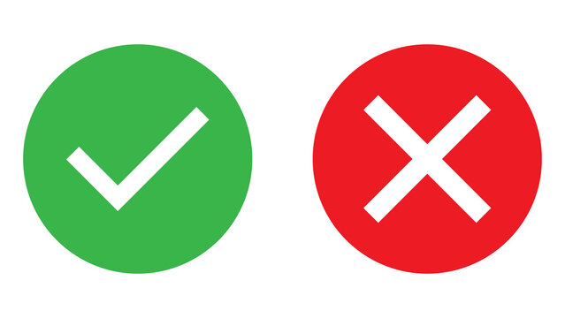 Green check mark and red cross mark symbols for web interface with green tick red x validation icon yes no true false survey icon selection sign rejection icon accept decline positive neg