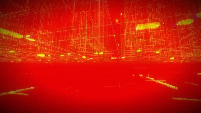 Red wireframe architecture and glowing yellow data light pulses move across a futuristic digital cityscape in a 3D animation