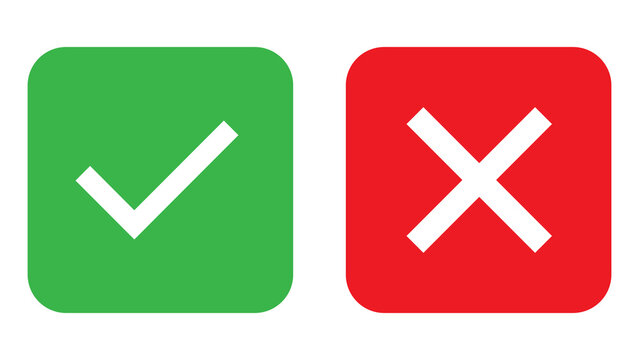 Rounded green check mark and red cross icons for selection with green tick approval icon rejection sign rounded square error icon validated choice decision making quality control yes