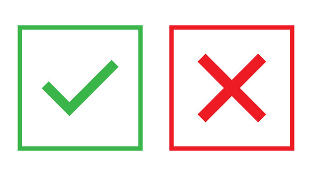 Green check mark and red cross mark icons in square frames with green tick approval icon rejection sign denied mark error icon validated choice decision making quality control boolean choi