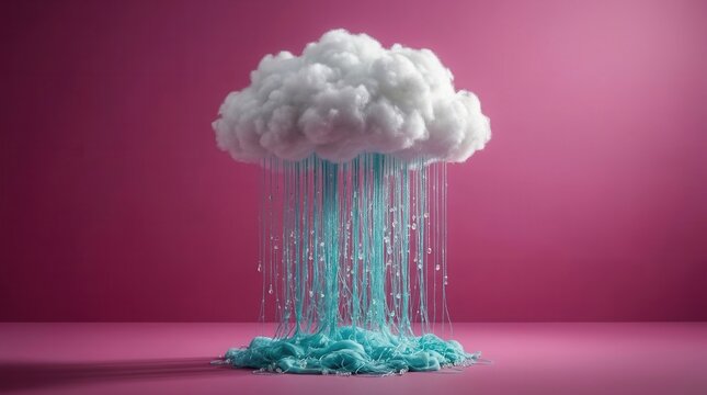 Turquoise silk threads hanging like rain from a single white fluffy cloud, ideal for summer advertising backgrounds, resort lifestyle covers, and refreshing beverage campaigns.