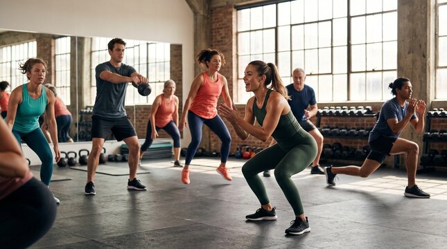 group fitness class exercising, Group of adults exercising together in a gym during fitness class