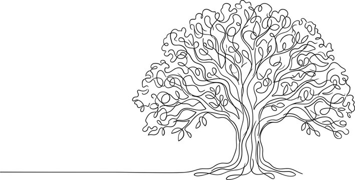 Continuous single line drawing of a large leafy tree with an extensive root system on a white background.