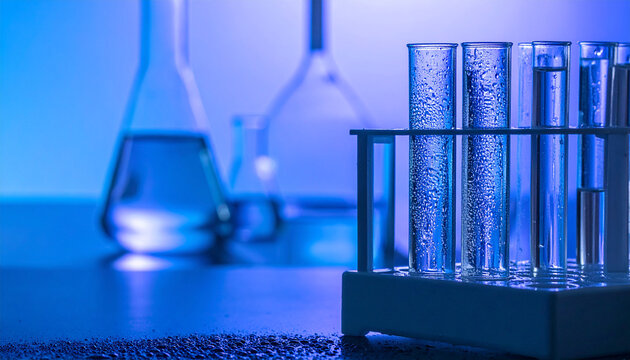 Laboratory Experiments: A collection of glass beakers and test tubes filled with clear liquid sit on a dark surface under a vibrant blue light, suggesting scientific research and development.
