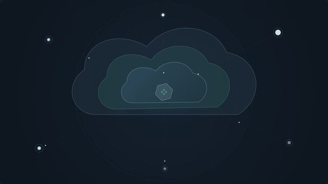 Abstract cloud computing network concept with layered data storage graphic, digital internet security connection points, blockchain server architecture, and futuristic technology banner backdrop