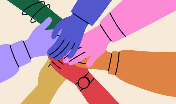 Team hands together for teamwork. People group, community. Hands together in stack. Support, unity, union and connection concept. Diverse team group in link and solidarity gesture. Vector illustration