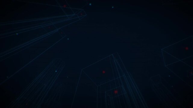Wireframe urban morphology and glowing orange transit lines flow across an aerial grid plan in a 3d rendering