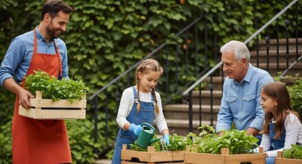 Obraz premium Happy Multi-generational Family Gardening Together, father carrying seedling crate while daughters and grandfather water plants in wooden boxes, perfect for family lifestyle blogs.