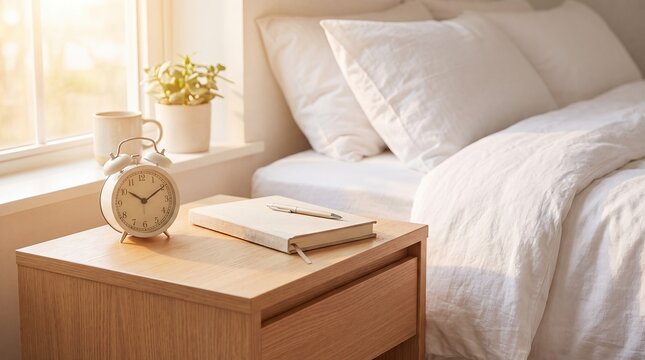 Analog detox clock notebook mug bedside morning routine offline calm A traditional alarm clock with a journal and warm drink creates a peaceful device free bedside ritual for wellness campaigns