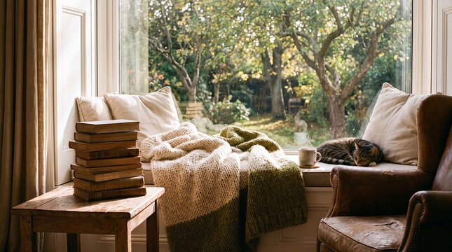 Analog detox reading nook books cat cozy home offline relaxation A sunlit corner filled with literature and a resting cat creates a peaceful retreat for wellness campaigns for brands