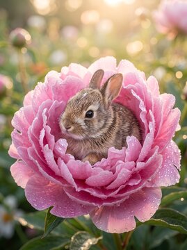 Adorable baby bunny sitting inside a pink peony flower, cute rabbit in blooming spring garden, whimsical animal portrait with soft golden sunlight