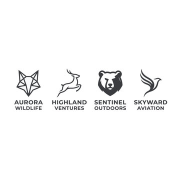 Collection of four distinct and abstract logos representing wildlife ventures, outdoor activities, and aviation, each with unique artistic designs and brand names