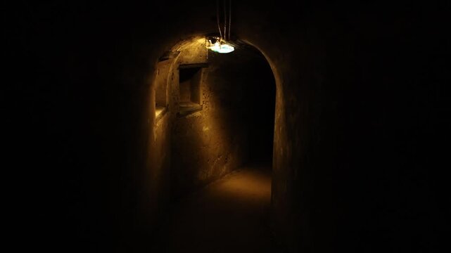 Exploring a dark and mysterious underground tunnel with an arched entrance, illuminated by a single, eerie light fixture revealing ancient stone walls and a narrow pathway leading into the unknown,