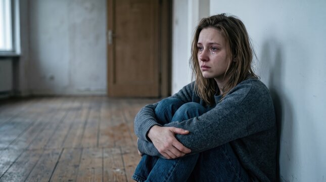 Sad young woman crying and sitting on the floor alone in an empty room