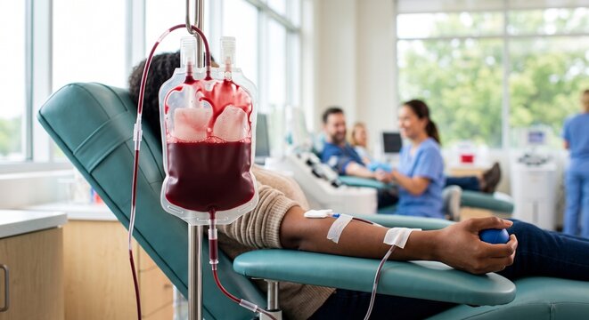 Blood bag filling up, Person donating blood in a medical clinic with nurse and other donors  