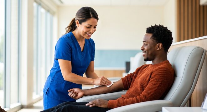 Nurse preparing donor arm, Young nurse preparing male patient for blood draw in medical clinic  