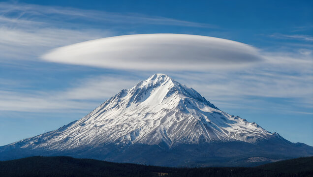 Lenticular cloud over snow covered mountain beneath blue sky creates dramatic alpine landscape with calm atmosphere and natural grandeur