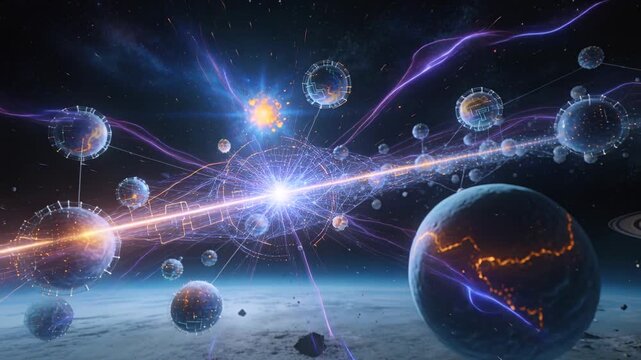 Sending conduit intersecting central node over planet horizon, forming holo rings emitting tendrils